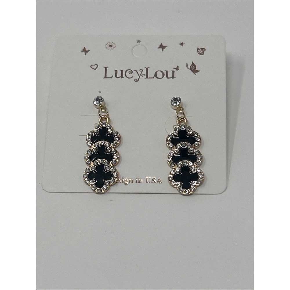 NWT Lucy Lou Black & Clear Rhinestone Drop Four Leaf Clover Earrings